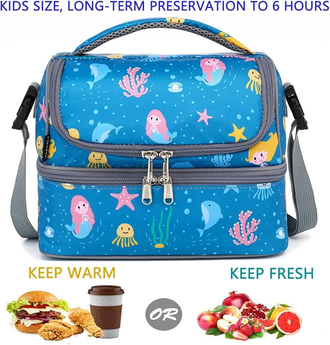 FlowFly Double Decker Cooler Insulated Lunch Bag Large Tote for Boys, Girls, Men, Women, With Adjustable Strap (Blue-Mermaid)