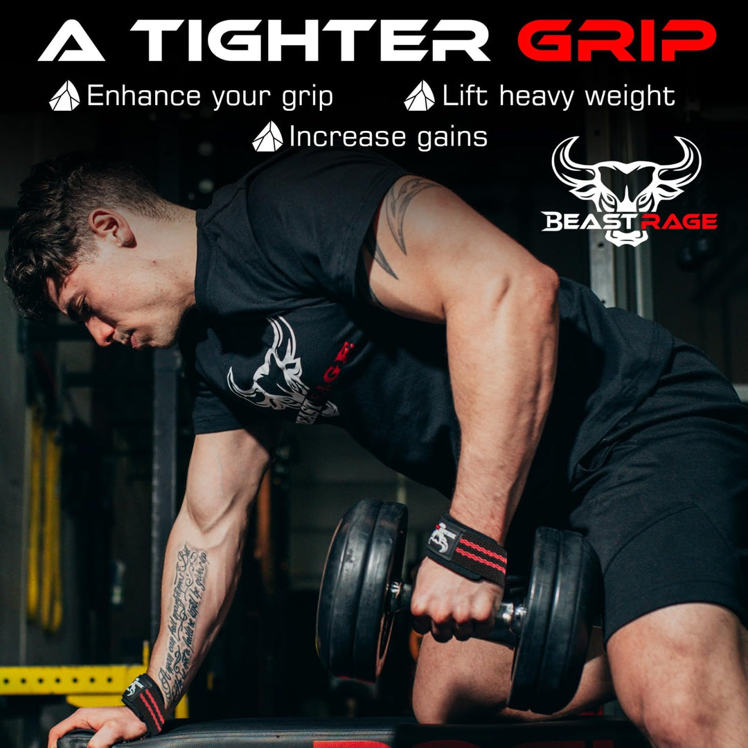 BEAST RAGE Lifting Wrist Straps for Weightlifting, Weight Lifting Straps Gym Power Workouts Lifting Straps Padded Cotton Men Women Supportive Lift Deadlift Straps Hard Pull Exercise Straps (Black / Red)