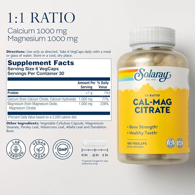 Solaray Calcium Magnesium Citrate 1:1 Ratio, Healthy Bones, Teeth, Muscle & Nervous System Support, 30 Serv, 180 VegCaps