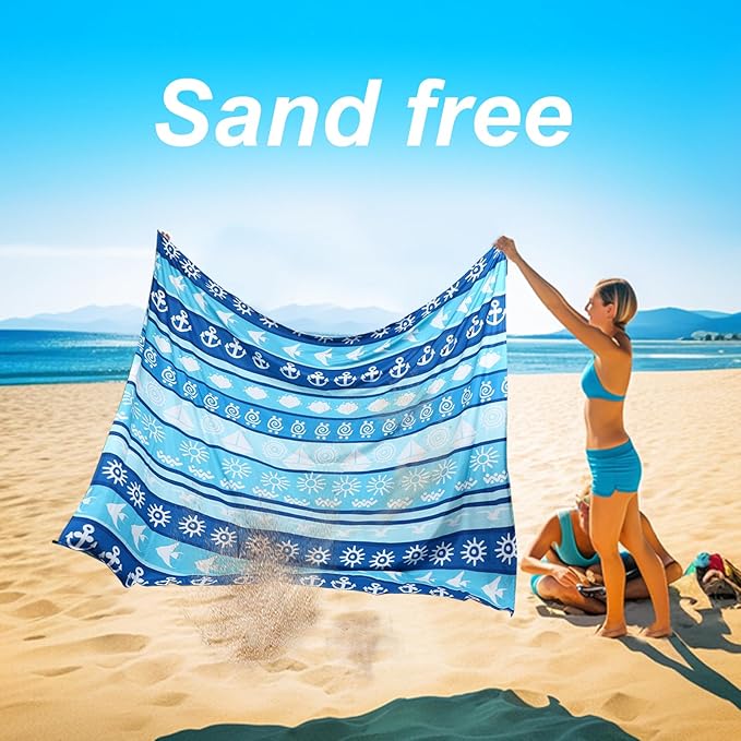 Beach Blanket Waterproof Sandproof, 79" x 83" Extra Large Sand Free Quick Drying Beach Mat, Compact Outdoor Picnic Mat for Travel, Hiking, Camping (Blue Stripes)