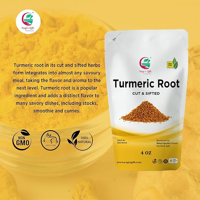 Turmeric root 4 oz | Cut and Sifted Dried Turmeric Pieces | Flavourful Indian Spice | Make Healthy Teas, Smoothies and Lattes | Curcuma longa | 100% Pure and Natural | by Yogi’s Gift®