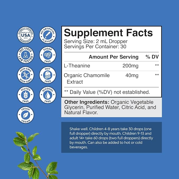 High Absorption L-Theanine Liquid Drops - Nootropic Focus Supplement with L Theanine 200mg Per Serving and Chamomile Extract - L Theanine Supplement for Adults and Kids Relaxation and Focus - 2oz
