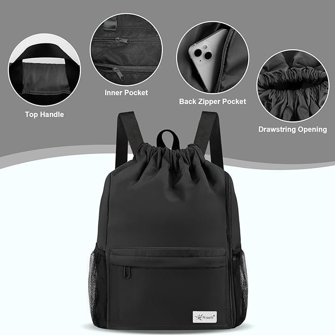 Drawstring Backpack with Mesh Pockets String Gym Bag Sackpack Sandproof Water Resistant Beach Backpack for Men Women