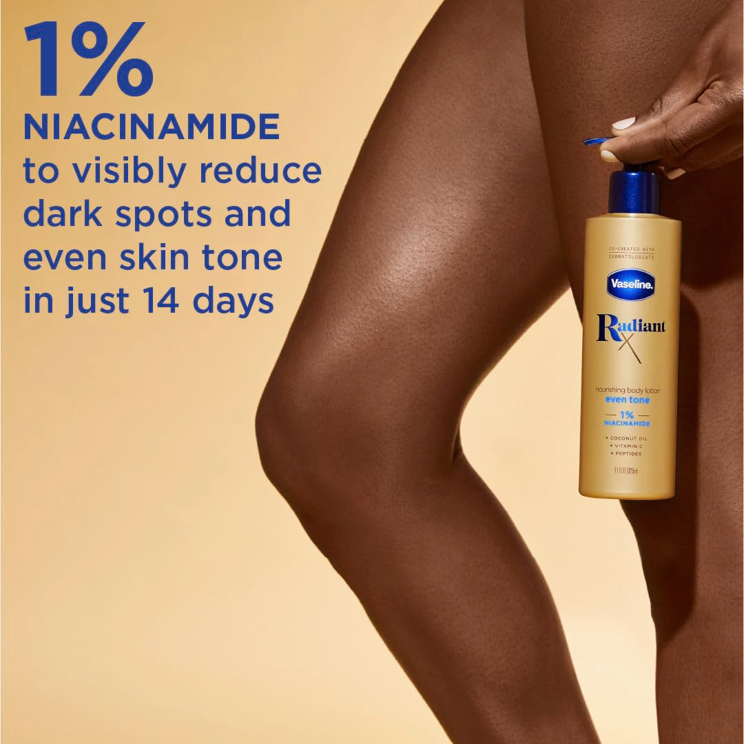 Vaseline Radiant X Even Tone Nourishing Body Lotion With 1% Niacinamide, Coconut Oil, Vitamin C, & Peptides 11 oz