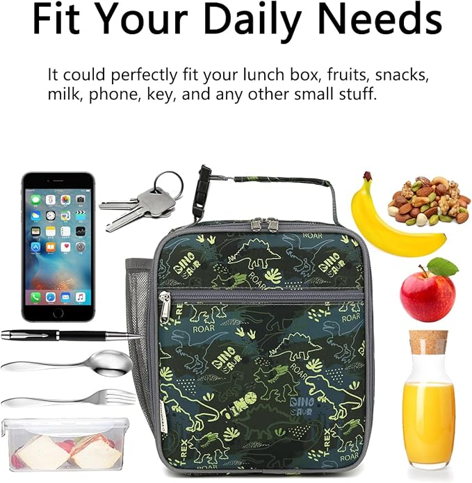 Lunch Box for Kids Boys Girls Men Women, Insulated Small Soft Cooler Lunch Bag Kit for School Work Picnic Travel - Reusable Portable lunchbox, Dinosaur Fossil Roar