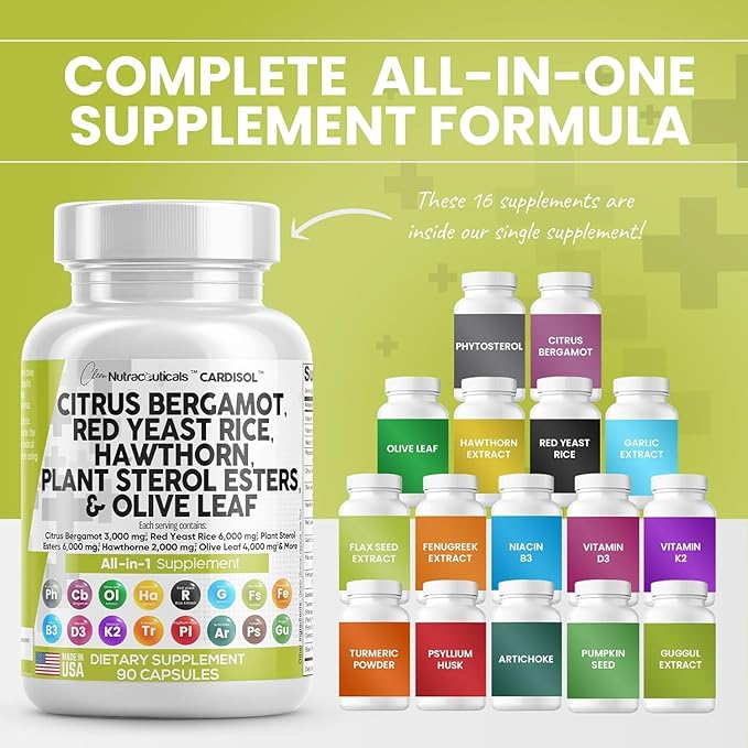 Clean Nutraceuticals Citrus Bergamot Red Yeast Rice Capsules with Plant Sterols - with Hawthorn Extract Olive Leaf Niacin Vitamin K3 D3 COQ10 Guggul & More