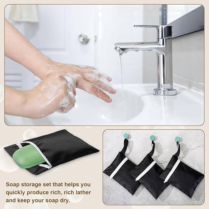 4 Pcs Travel Soap Bar Bag Waterproof & Leakproof Soap Dish Case with 4 Pcs Foaming Nets Multifunctional Toiletry Shower Gym Essentials Quick Dry Pouch for Camping Enthusiasts(Black)
