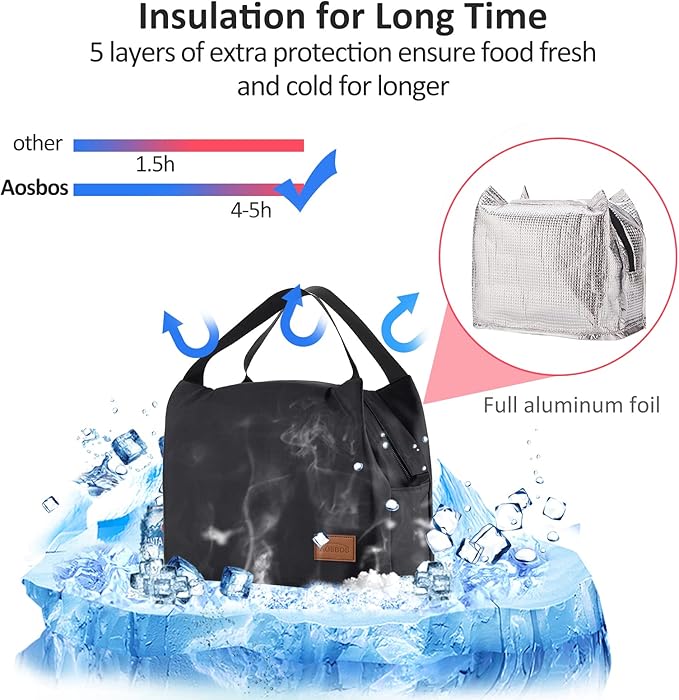 Aosbos Black Lunch Bag Women Insulated Lunch Box for Women Lunch Bags for Adult Lunchbox Lunch Tote Bento Box Cooler Bag for Work Office Picnic Loncheras Para Hombres Mujer