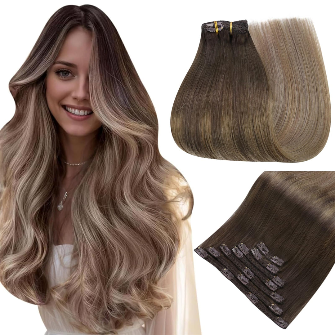 Easyouth Clip In Hair Extensions Real Human Hair Balayage Clip In Hair Extensions Dark Brown Fading To Medium Brown With Ash Blo