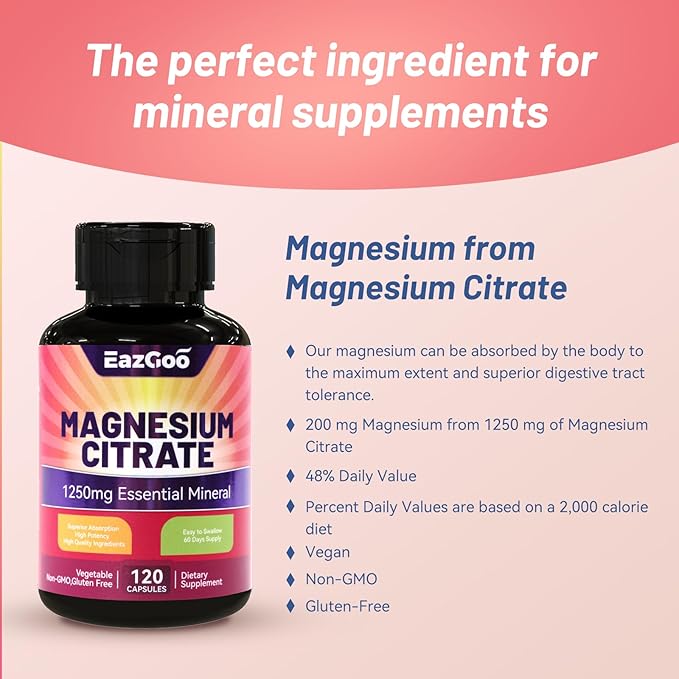 Magnesium Citrate Capsules 1250mg, High Absorption Magnesium Citrate Supplement with Elemental Magnesium, Extra Strength Magnesium Supplement, Non-GMO, Gluten-Free, 120 Vegetable Capsules