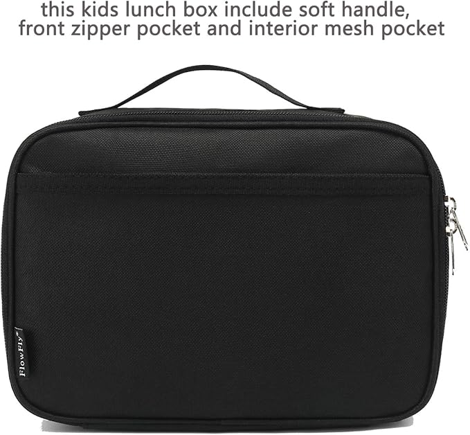 FlowFly Kids Lunch box Insulated Soft Bag Mini Cooler Back to School Thermal Meal Tote Kit for Girls, Boys, Black