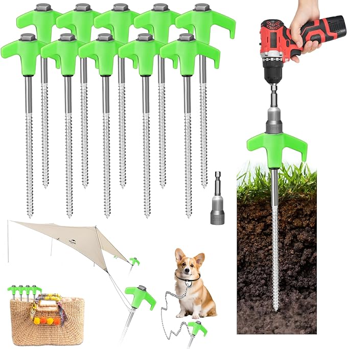8" Screw in Tent Stakes 20PCS - Ground Anchors Screw - Screw in Tent Stakes Heavy Duty- Tent Pegs Camping Stakes- Hex Pegs Drillable Tent Stakes and Hexagon Head Drive and Storage Box (Green)