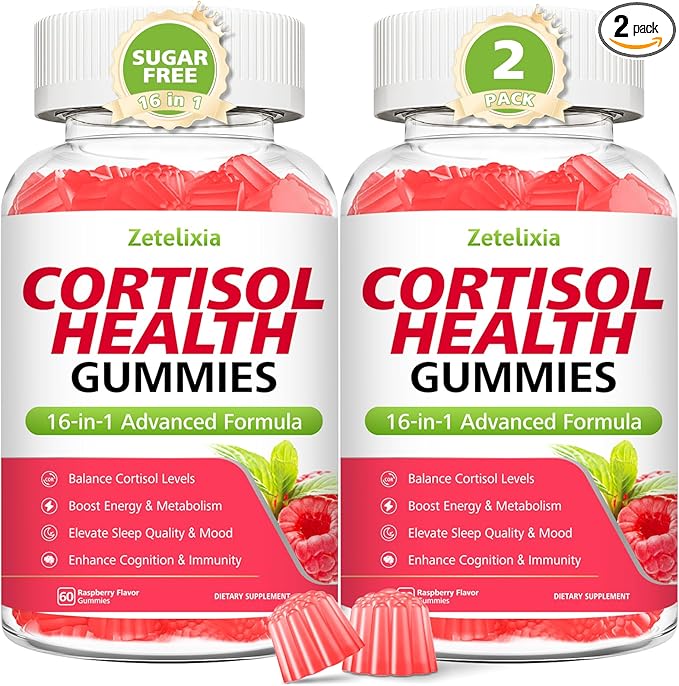 2 Pack 16-in-1 Cortisol Gummies for Women, Sugar Free Cortisol Gummies Supplement with Ashwagandha, Rhodiola Rosea, Magnesium, L-theanine for Relaxation, Sleep, Cognition, Raspberry Flavor, 120Ct