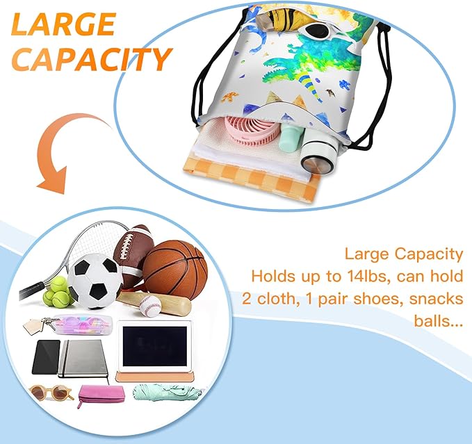Slohif Drawstring Backpack Beach Swim Bag for Kids Draw String Dance Travel Cinch Ballet Gym Bags for Girls Boys Green Dinosaur Waterproof Backpack for Swimming Summer Camp Pool Sports Nylon Large