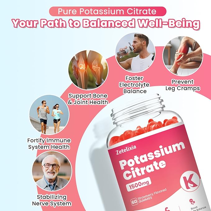 2 Pack Potassium Gummies for Adults Women & Men, Potassium Citrate Supplement, Support Leg Cramps, Muscle Health & Electrolyte Balance, Sugar Free, Organic, Vegan, Strawberry, 120 Cts