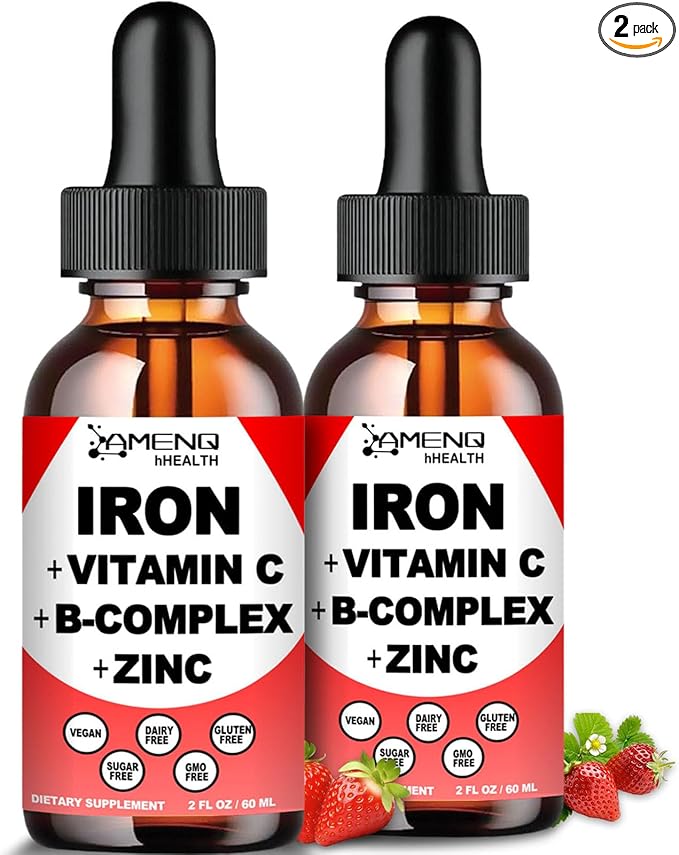 2 Pack Liquid Iron Supplement w/ Vitamin C, A, B-Complex, Vegan Iron Drops High Potency Liquid Vitamin & Iron Supplements for Women, Men & Children -Support Red Blood Cell, Energy, Anemia & Fatigue