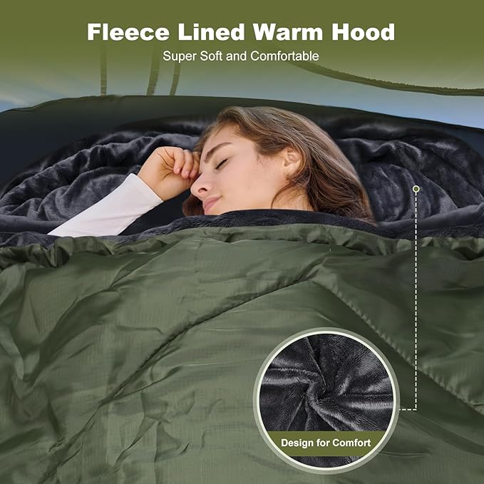 AGEMORE Cotton Flannel Sleeping Bag with Fleece Lined Hood, Waterproof XL Sleeping Bag for Adults, for Cold Weather Camping Backpacking or Hiking, 3-4season with Compression Sack
