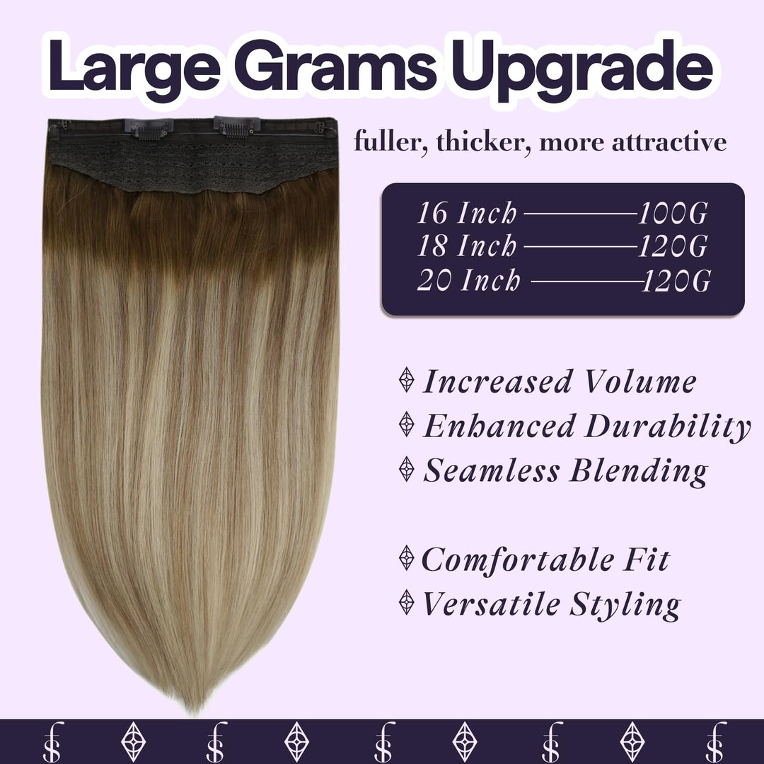 Fshine Wire Human Hair Extensions 14 Inch Balayage Walnut Brown to Ash Brown and Butter Blonde Transparent Fish Line Clip in Hair Extensions 100G