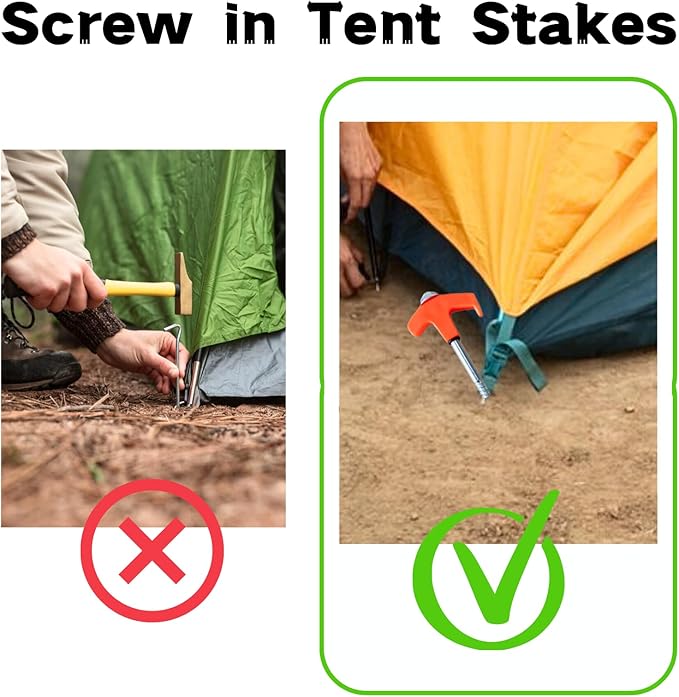 8" Screw in Tent Stakes - Ground Anchors Screw in, Screw in Tent Stakes Heavy Duty, Tent Pegs Camping Stakes, Metal Threaded Tent Spikes, Screw Tent Stakes with Hex Sleeves (12Pcs+Box Green)