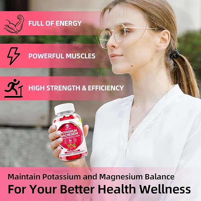 Potassium Magnesium Supplement Gummies, Potassium Gummies for Adults Kids, High Absorption Magnesium Glycinate for Leg Cramps & Immune Health, Sugar-Free, Raspberry Flavors, 60 Count