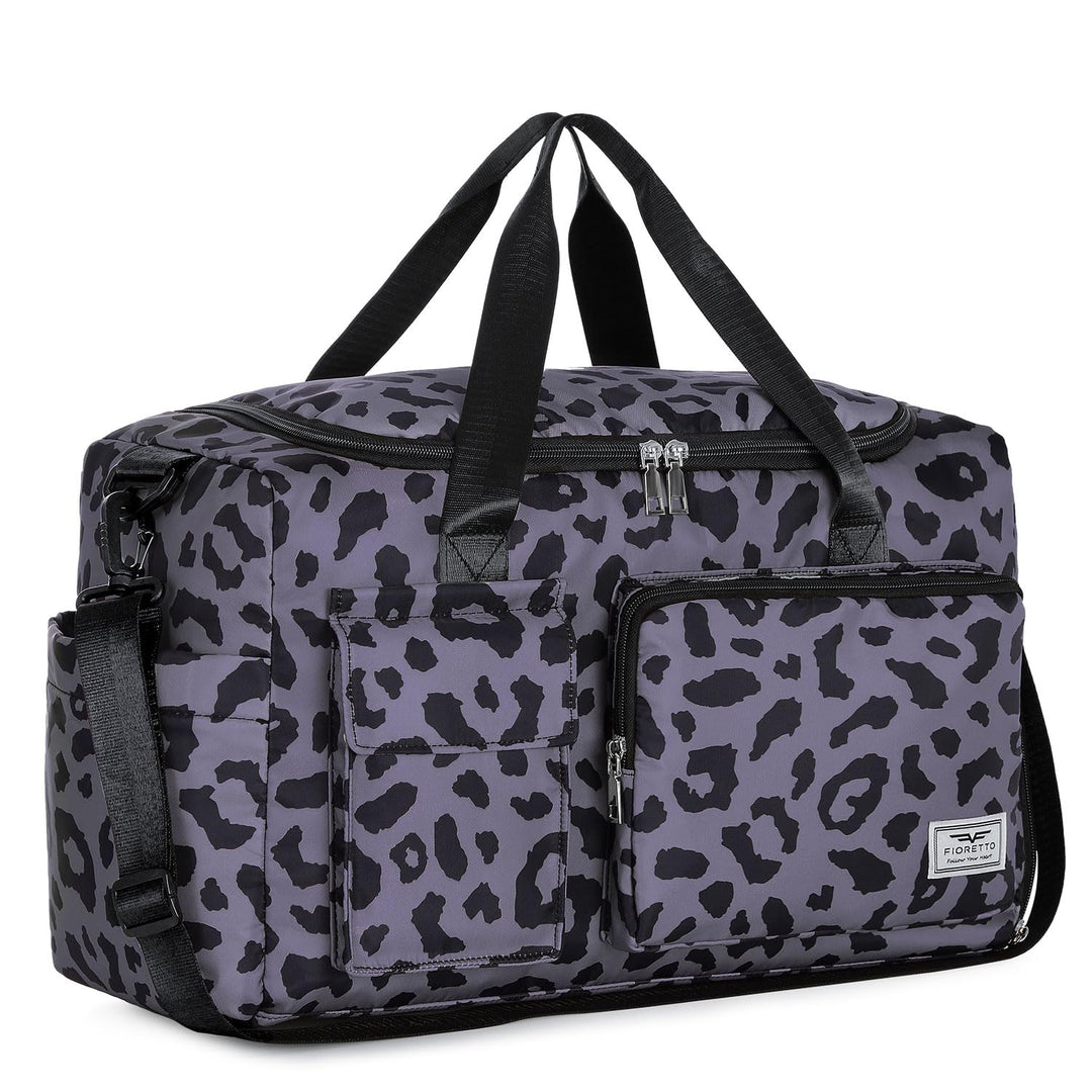 FIORETTO Women's Water-Resistant Gym Duffle Bag with Shoes Compartment, 37L Capacity, Multi-Functional, Ideal for Travel, Gym, Sports, Duffel, Weekender, Leopard Print