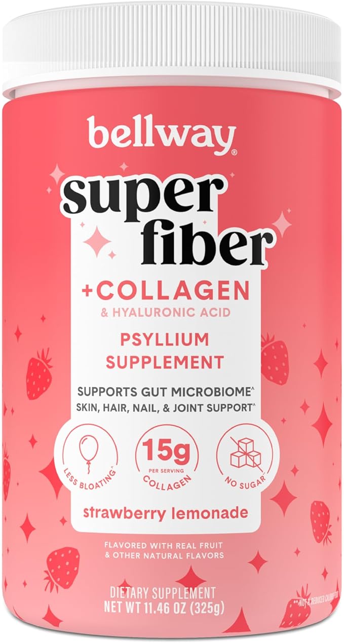 Bellway Super Fiber Powder + Collagen, Sugar-Free Psyllium Husk Powder with Collagen Peptides and Hyaluronic Acid for Gut Health, Healthy Skin, Nails, Bones & Joints, Strawberry Lemonade (11.46 oz)
