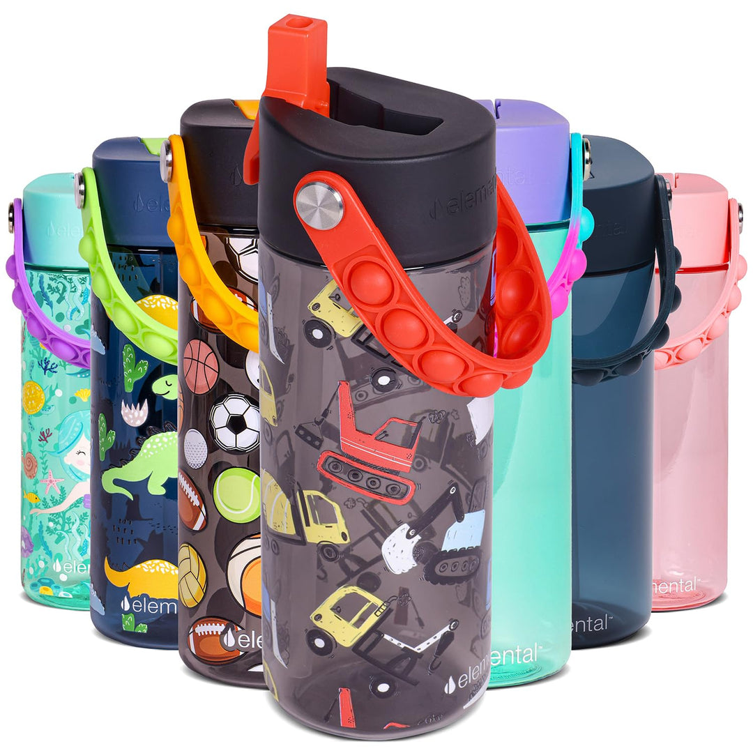 Elemental Leak Proof Water Bottles for Kids - Splash Kids Water Bottle for School with Fun Fidget Pop-it Handle - BPA Free Tritan Plastic Reusable Water Bottle with Straw - Construction - 18oz