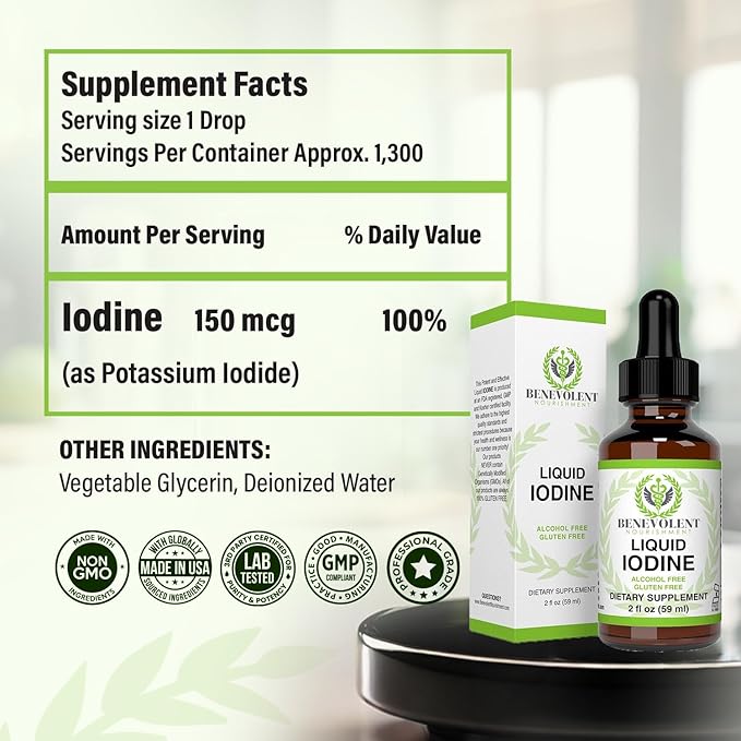 Liquid Iodine Potassium Drops - 1300 Servings | Large 2oz Bottle | Great Taste | 2X Absorption | Just One (1) Drop a Day for Fast Support - Potassium Iodide - Alcohol and Gluten Free