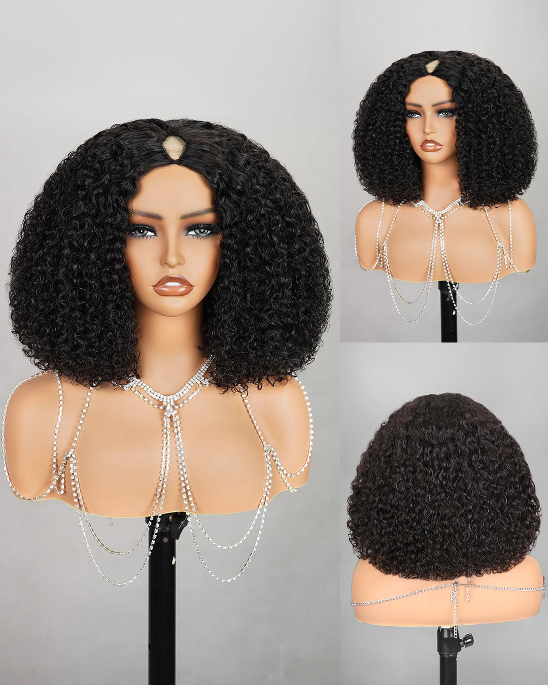 Megalook V Part Wig Human Hair Half Wigs For Black Women U Part Human Hair Wig Curly Bob Wigs 180% Density Deep Wave Wig U Part