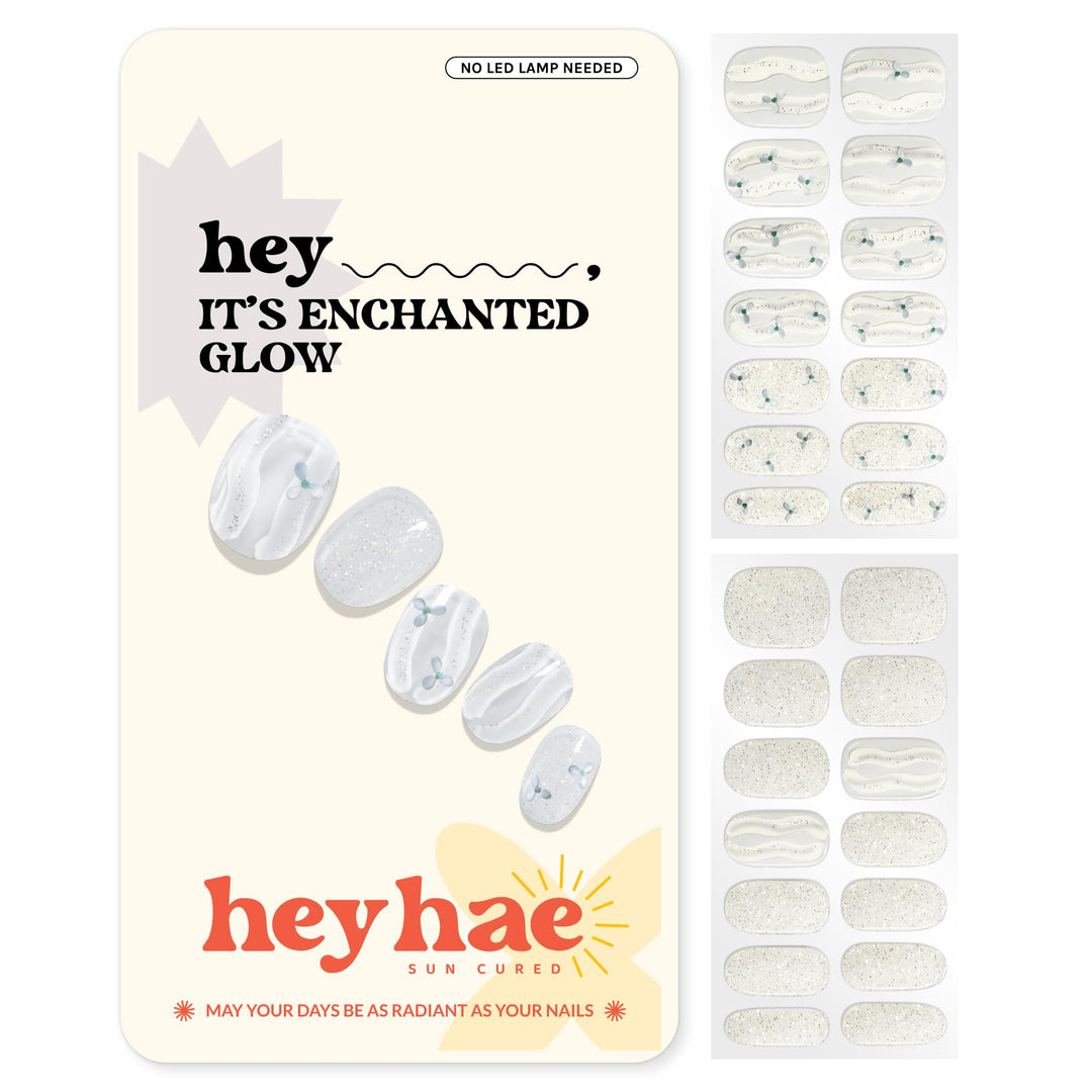 Heyhae Semi Cured Gel Nail Strips | No LED Lamp Needed | Glitter, White | Easy Apply & Remove, Salon Quality Includes 28 Strips, 1 Prep Pads, Nail File & Wooden Stick - Hey, It's Enchanted Glow