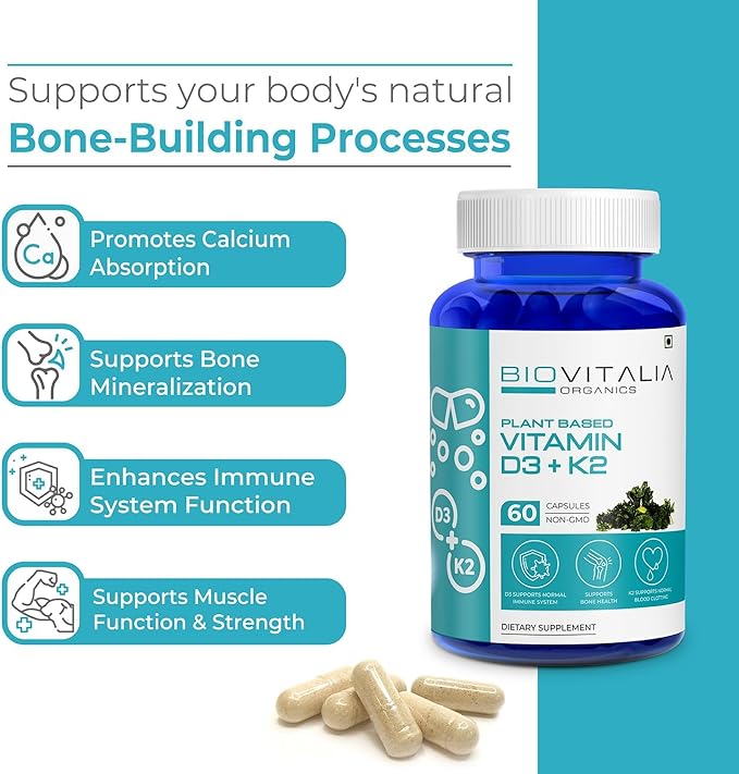 Biovitalia Plant Based Vitamin D3 + K2 60 Capsules for Men & Women | Dietary Supplement | Supports Immune System & Bone Health | Promotes Calcium Absorption - 60 Vegan Capsules