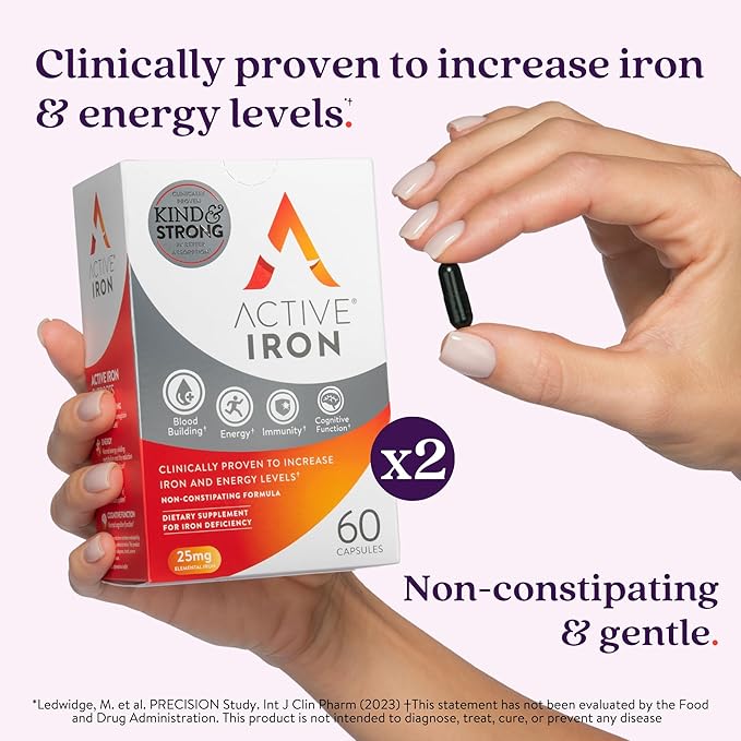 Active Iron High Potency Iron Supplement, Non-Constipating Gentle Iron Pills for Women & Men, 2X Better Absorption, Clinically Proven to Increase Iron & Energy Levels, 25mg (120 Capsules), Twin Pack