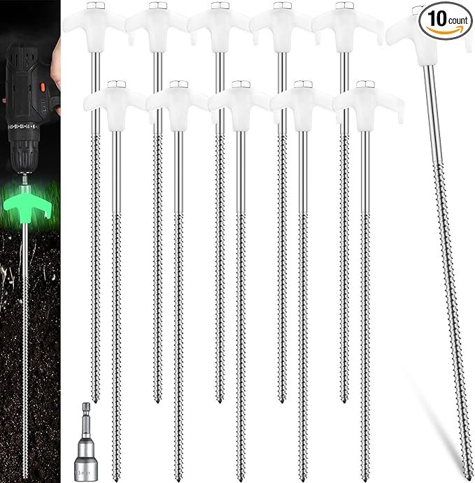 Hicarer 12 Inch Tent Stakes Screw in Camping Stakes Heavy Duty Metal Stake Ground Anchor Peg Threaded Tent Spikes with Hex Head Driver for Camping Garden Inflatable