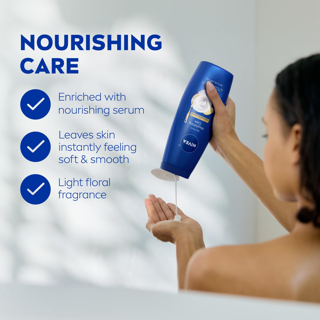 NIVEA Nourishing Care Body Wash with Nourishing Serum, Moisturizing Body Wash for Women, Enriched with Provitamin B5 and Vitamin E, 20 Fl Oz Bottle