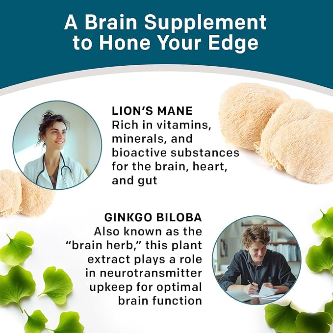 14-in-1 Lions Mane Supplement Capsules - Nootropic Brain Supplement with Ginkgo Biloba for Brain Support, Memory and Focus - Alpha GPC, L Theanine & Choline Supplements with 1300mg Per Serving (60 ct)