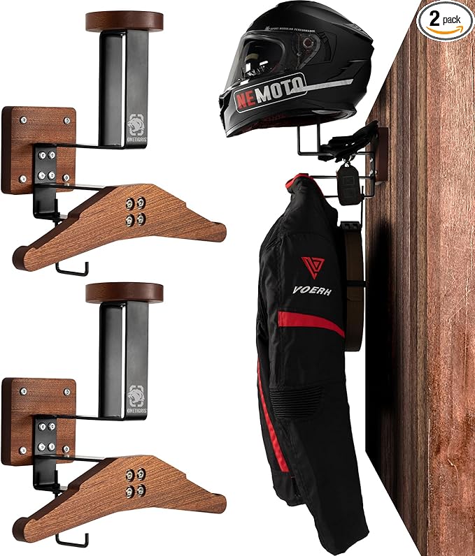 OneTigris Motorcycle Helmet Holder Wall Mount, Tactical Gear Holder with Helmet Stand and Plate Carrier Hanger, Solid Wood Wall Rack Organizer & Display for Police, Football, Cycling Gear