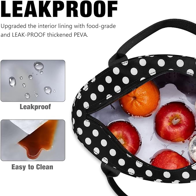 Aosbos Black Lunch Box for Women Lunch Bags for Adult Insulated Lunch Tote Bag Meal Prep Lunch Box Purse Lunchbox Portable Cooler Bag Bento Box Bag Loncheras Para Mujer, Polka Dot