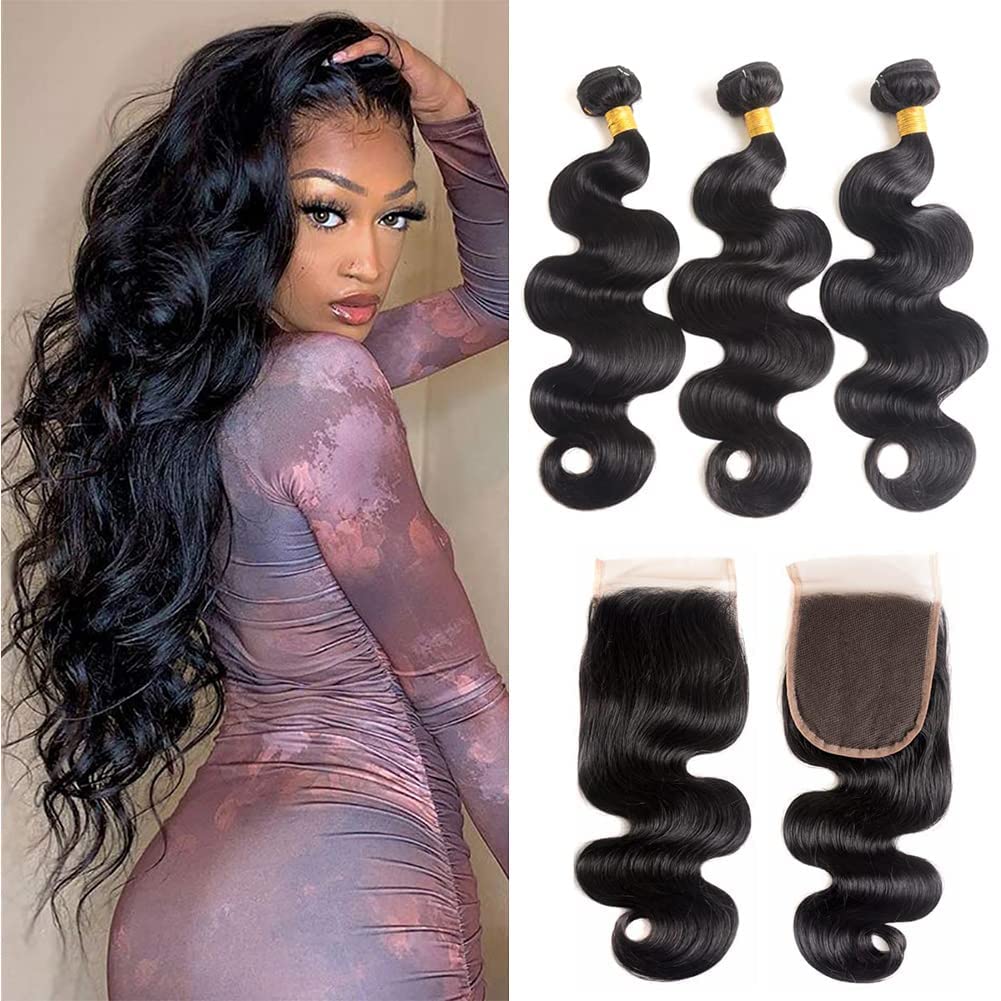 Body Wave Bundles With Closure Brazilian Human Hair 3 Bundles With Closure(20 22 24+18) Body Wave 100% Unprocessed Virgin Hair B