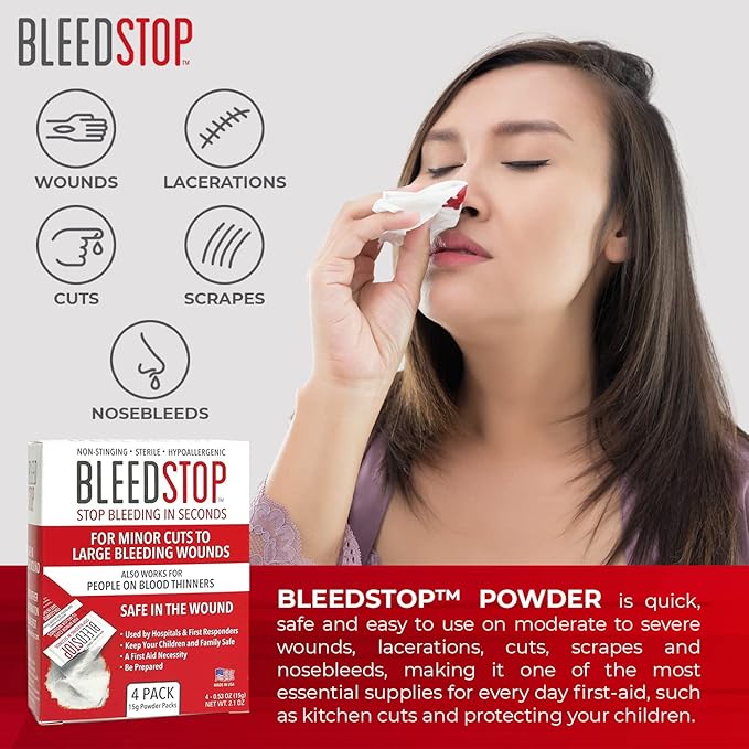 BleedStop™ First Aid Powder for Blood Clotting, Trauma Kit, Blood Thinner Patients, Camping Safety, and Survival Equipment for Moderate to Severe Bleeding Wounds or Nosebleeds - 4 (15g) Pouches