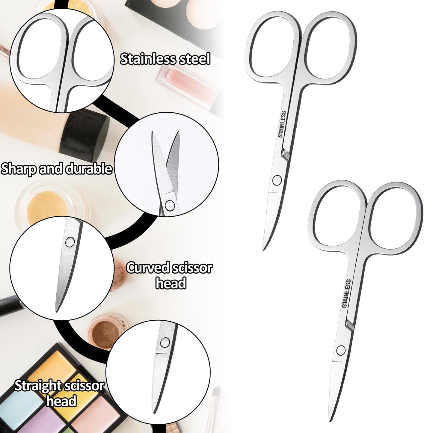 2 Pcs Small Scissors Curved and Stright Small Grooming Scissors Cuticle Scissors Manicure Scissors Multi-Purpose Stainless Steel Beauty Scissor for Facial Hair Eyebrow Eyelash Mustache