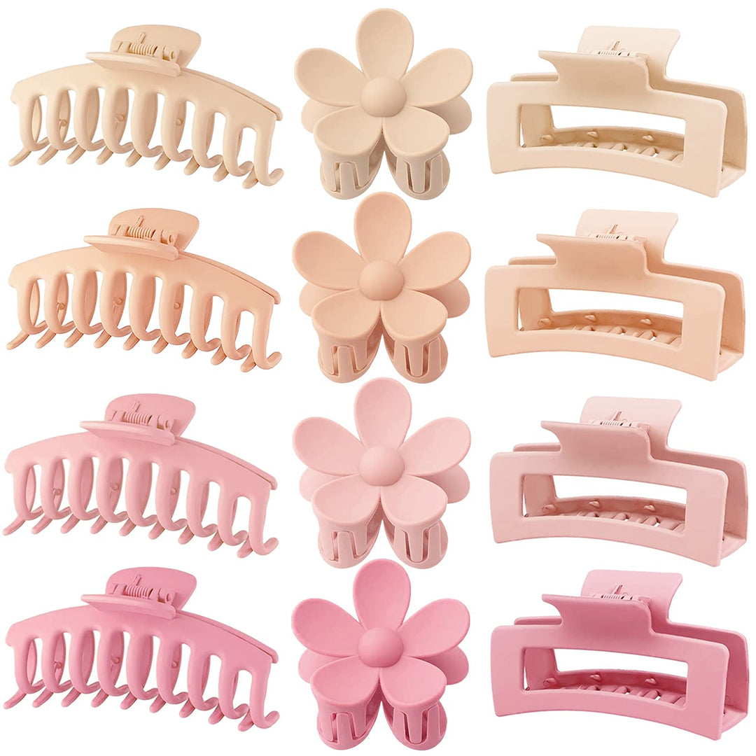 Large Hair Claw Clips 12 Pack 4.3 Inch Rectangle Hair Claw Clips Flower Hair Clips For Women Thick Hair, Big Hair Clips Matte Ha