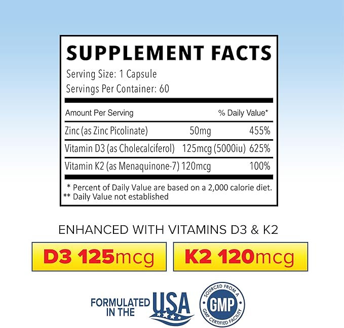 Zinc Picolinate 50mg with Vitamin K2 MK-7 + Vitamin D3 5000 IU, Zinc 50mg with 120mcg Vitamin K2 as MK7, Non-GMO Zinc Supplements Easy to Swallow Alternative to Lozenge, Chewable Tablets, Liquid Zinc
