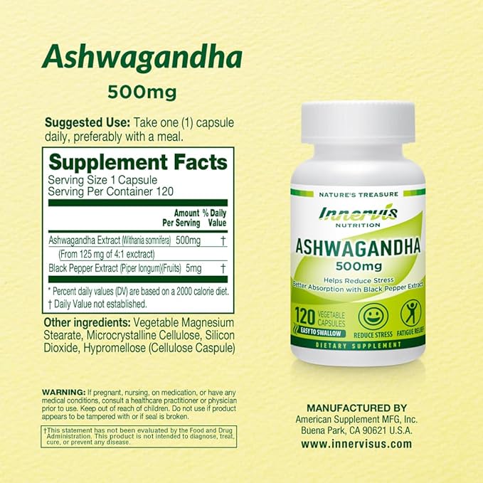 Ashwagandha 500mg with Black Pepper for Enhanced Absorption - Stress Support, Relaxation & Mood Balance -120 Vegan Capsules - Non-GMO, Made in USA, 3rd Party Lab Tested