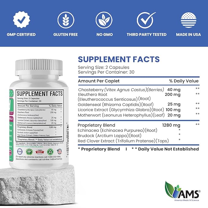 America Medic & Science FibroMed (60 Capsules) | Hormonal Balance Supplement for Women | with Chasteberry, Red Clover, Echinacea, and Other Natural Herbs | Supports Reproductive Health