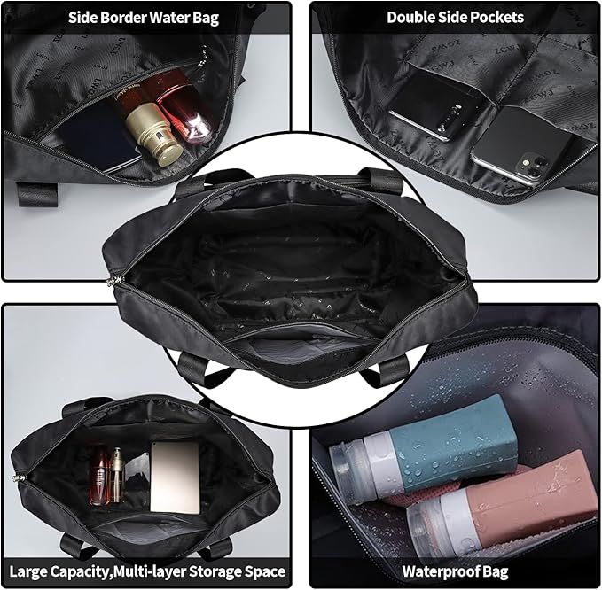 Expandable Travel Duffel Tote Bag - Foldable Overnight Weekender, Carry-On, Swim & Gym Bag - Fits Spirit Airlines Personal Item Size - Lightweight, Waterproof & Durable with Trolley Sleeve,Black