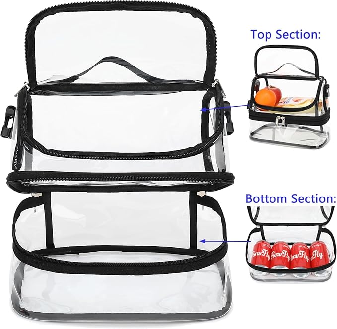 FlowFly Double Decker Cooler Insulated Lunch Bag Large Tote for Boys, Girls, Men, Women, With Adjustable Strap,Clear