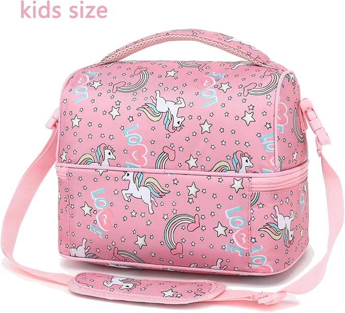 FlowFly Double Decker Cooler Insulated Lunch Bag Large Tote for Boys, Girls, Men, Women, With Adjustable Strap (Red-Unicorn)