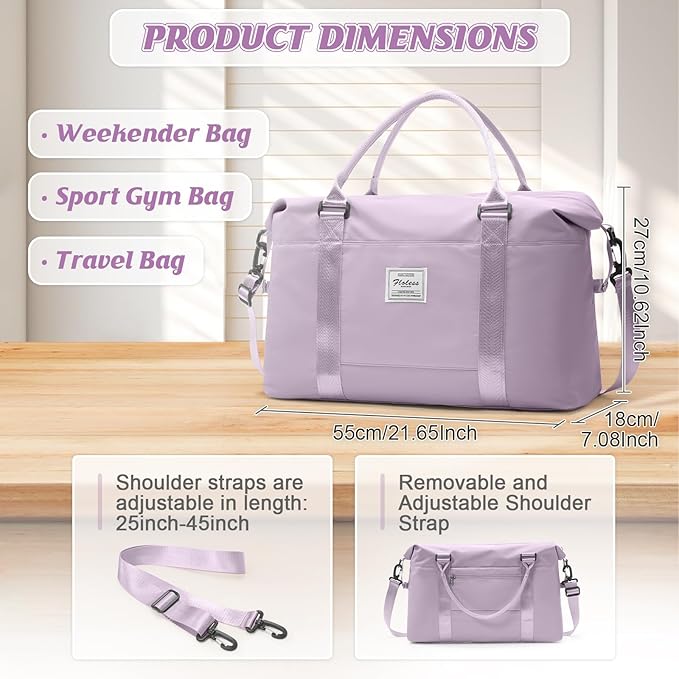 Light Purple Sports Duffel Bags for Women Weekender Travel Totes Bag for Airplane, Cute Sports Gym Dance Bag Overnight Luggage Bag with Wet Pocket, Carry On Hospital Bag for Labor and Delivery
