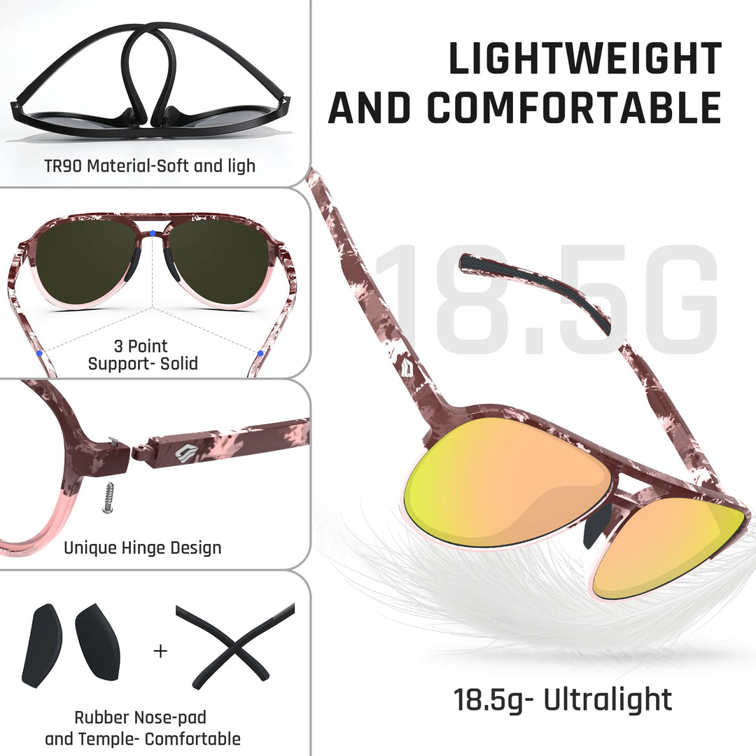 TOREGE Aviator Sunglasses Polarized Sunglasses for Men Women, Sports Sun Glasses UV400 Protection Fishing Boating Beach Golf Driving TR75(Matte Crystal Peach Black Tortois&Champagne Lens C14)