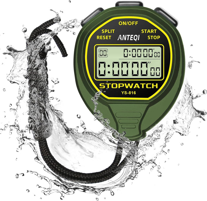 20 Laps Memory Stopwatch Waterproof, ON/Off Function Digital Simple Stopwatch Timer, No Clock No Calendar No Alarm, Silent Stop Watch for Sports Coaches Swimming Running, Green